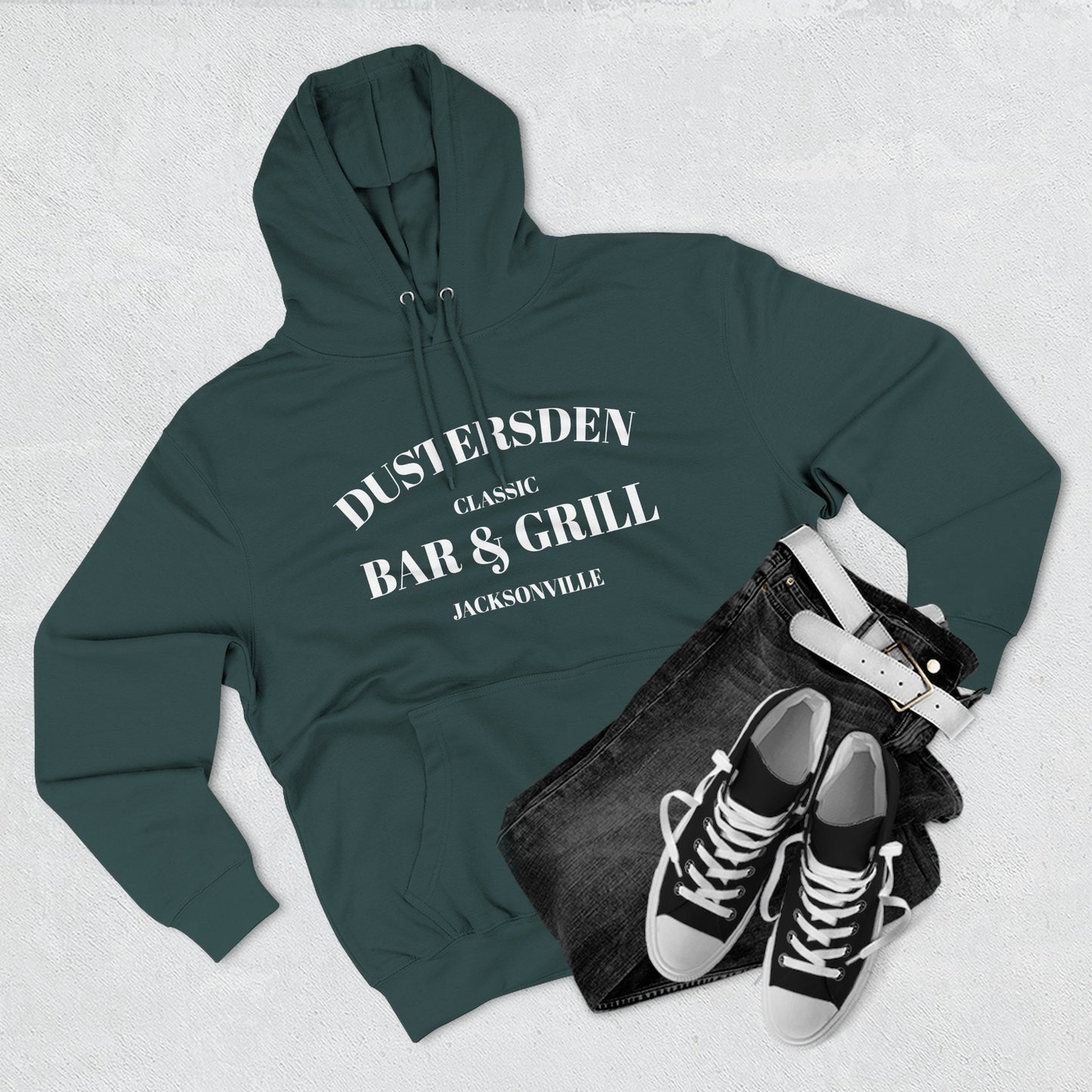 Dustersden Classic Bar and Grill Jacksonville Hoodie — Minimal Logo Fleece Pullover