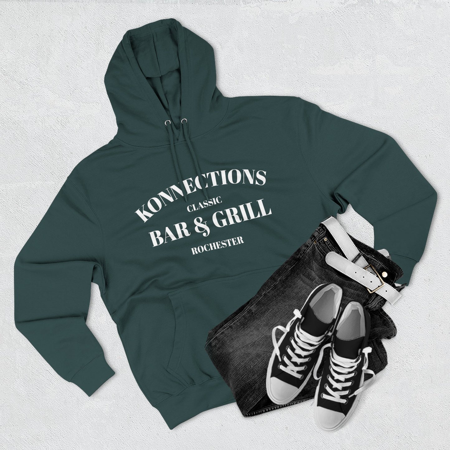Konnections Classic Bar and Grill Rochester Hoodie — Minimal Logo Fleece Pullover