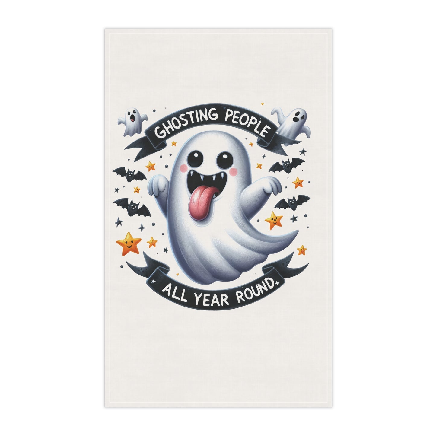 Festive Halloween Tea Towel (cotton, poly).Ghosting People All Year Round at Halloween Time. Happy Halloween!