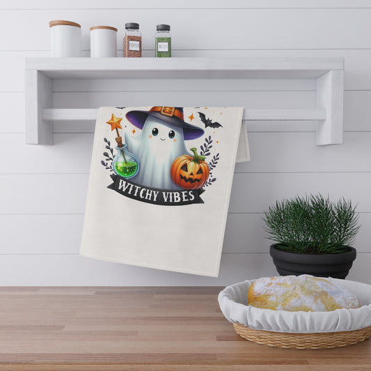 Festive Halloween Tea Towel (cotton, poly). Witches Got The Vibes. Have a Safe and Happy Halloween!