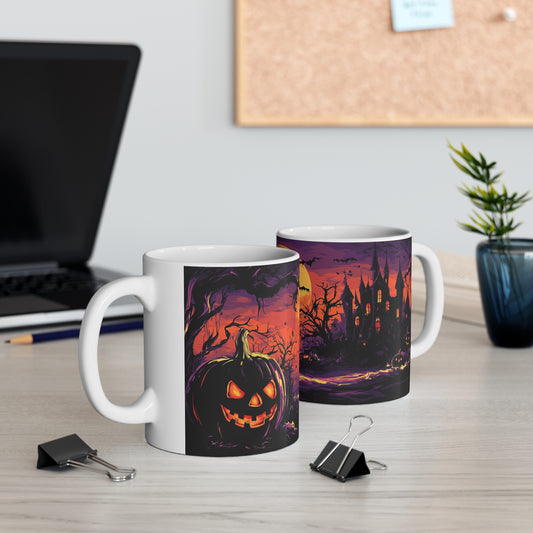 Festive Halloween Ceramic Mug 11oz Scary Pumpkins and Bats