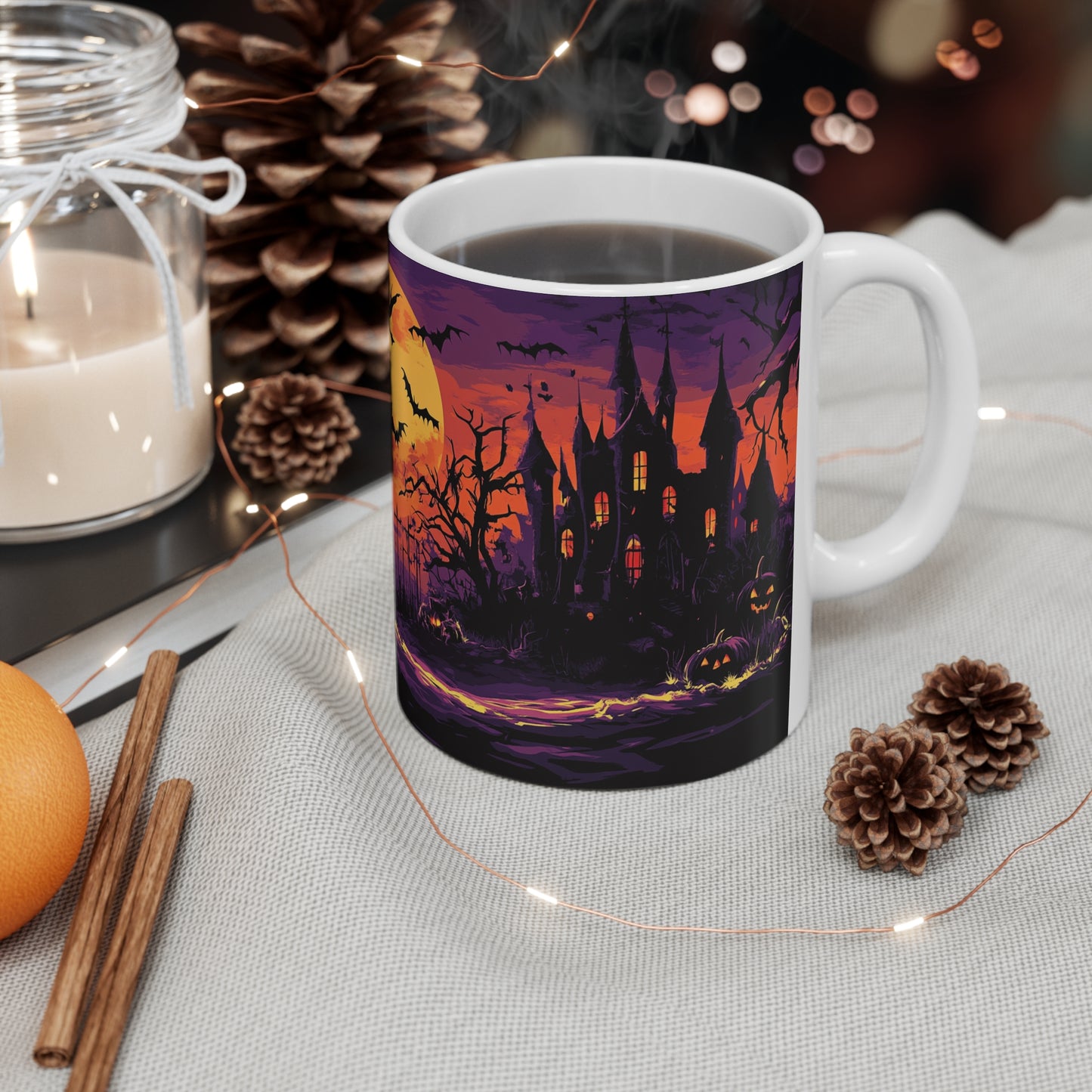 Festive Halloween Ceramic Mug 11oz Scary Pumpkins and Bats