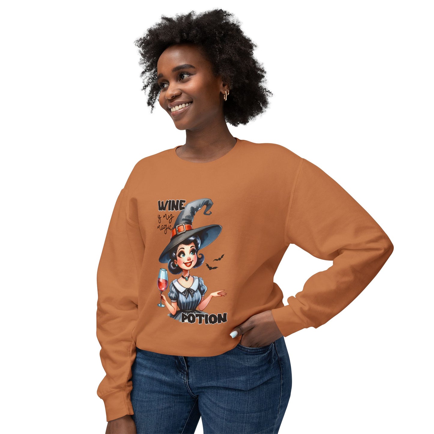 Halloween Themed Crewneck Sweatshirt Witches Drinking Wine With Goblins and Ghouls at Halloween Time