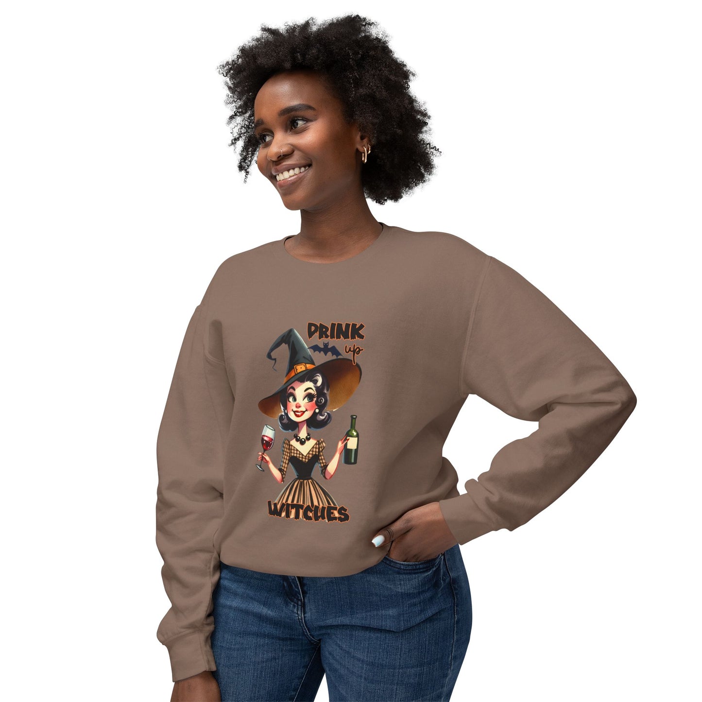 Halloween Themed  Crewneck Sweatshirt Witches and Wine Are Fine at The Halloween Time. Have a Witchy Halloween