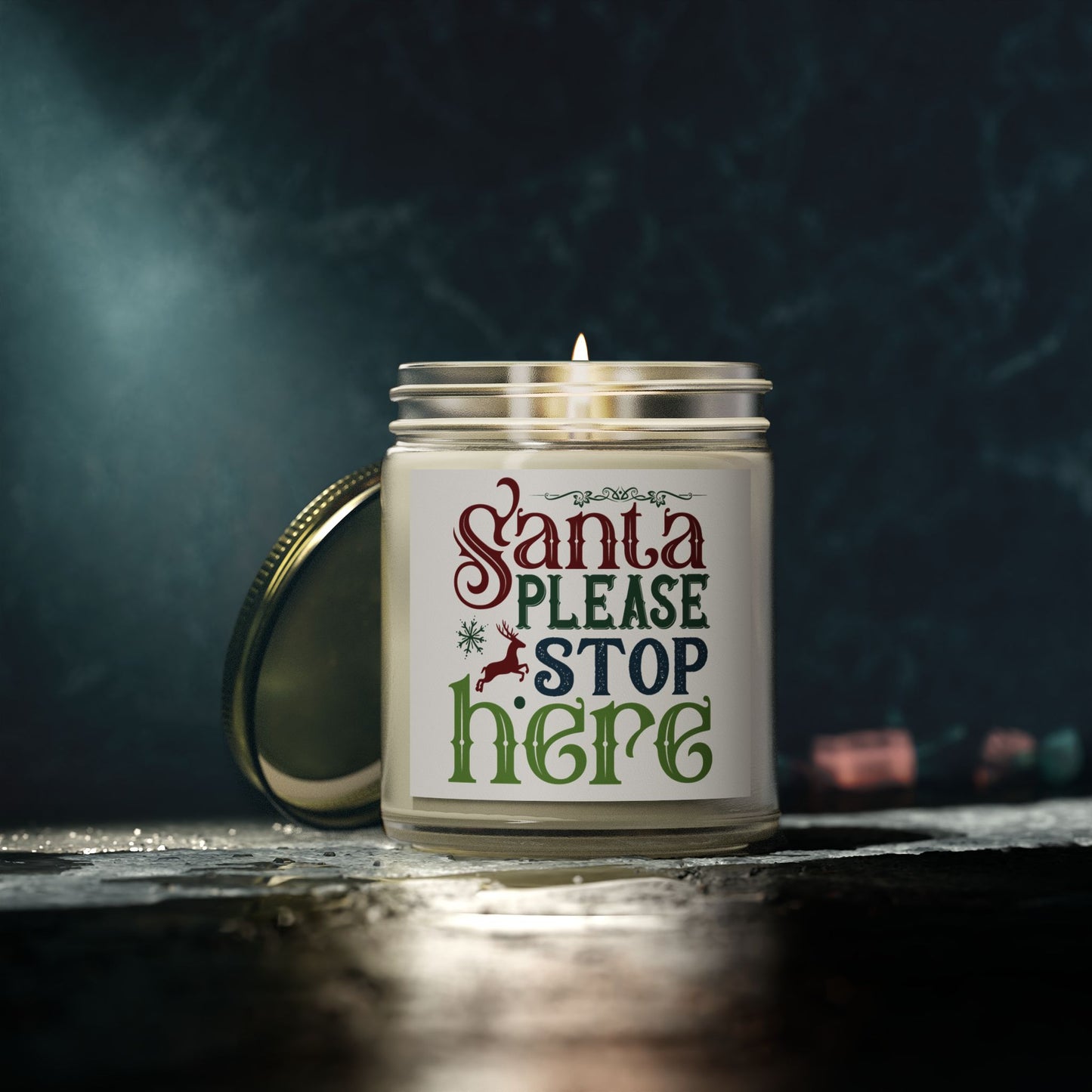 Christmas Themed Scented Coconut Apricot Candles (4oz, 9oz) Please Stop Here Santa!