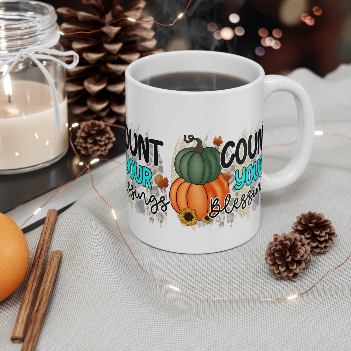 Festive Thanksgiving Ceramic Mug 11oz Wraparound Count Your Blessings