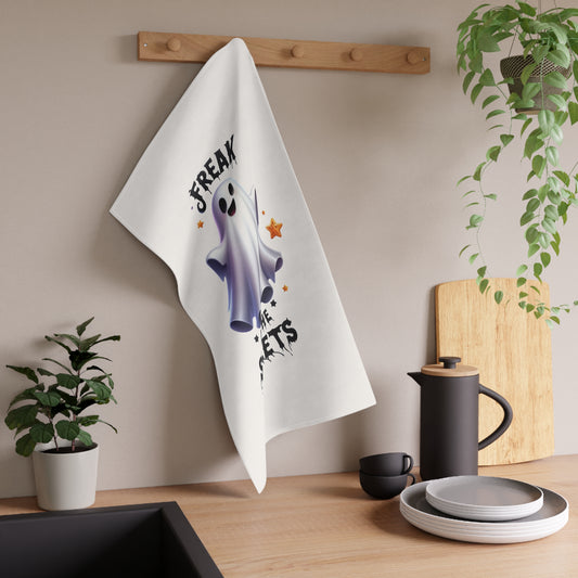 Festive Halloween Tea Towel (cotton, poly). Ghosts That Want To get Freaky Between The Sheets. Happy Halloween!