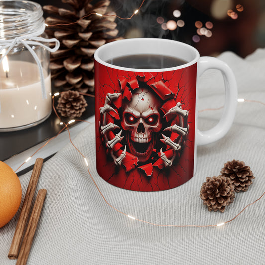 Festive Halloween Ceramic Mug 11oz Creepy Skeleton in a Red Cup