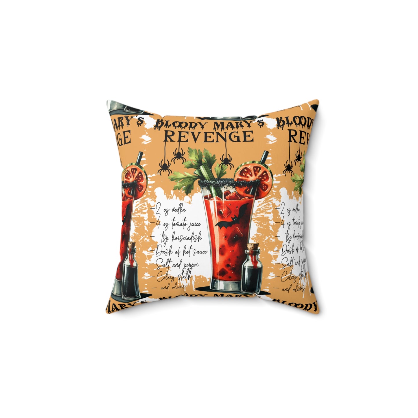 Halloween Themed Square Pillow All Over Print Design Bloody Mary Drink Recipe at Halloween.