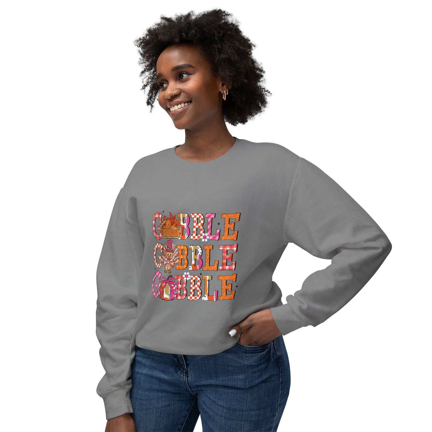 Women's Thanksgiving Unisex Lightweight Crewneck Sweatshirt Turkeys Go Gobble Gobble Gobble