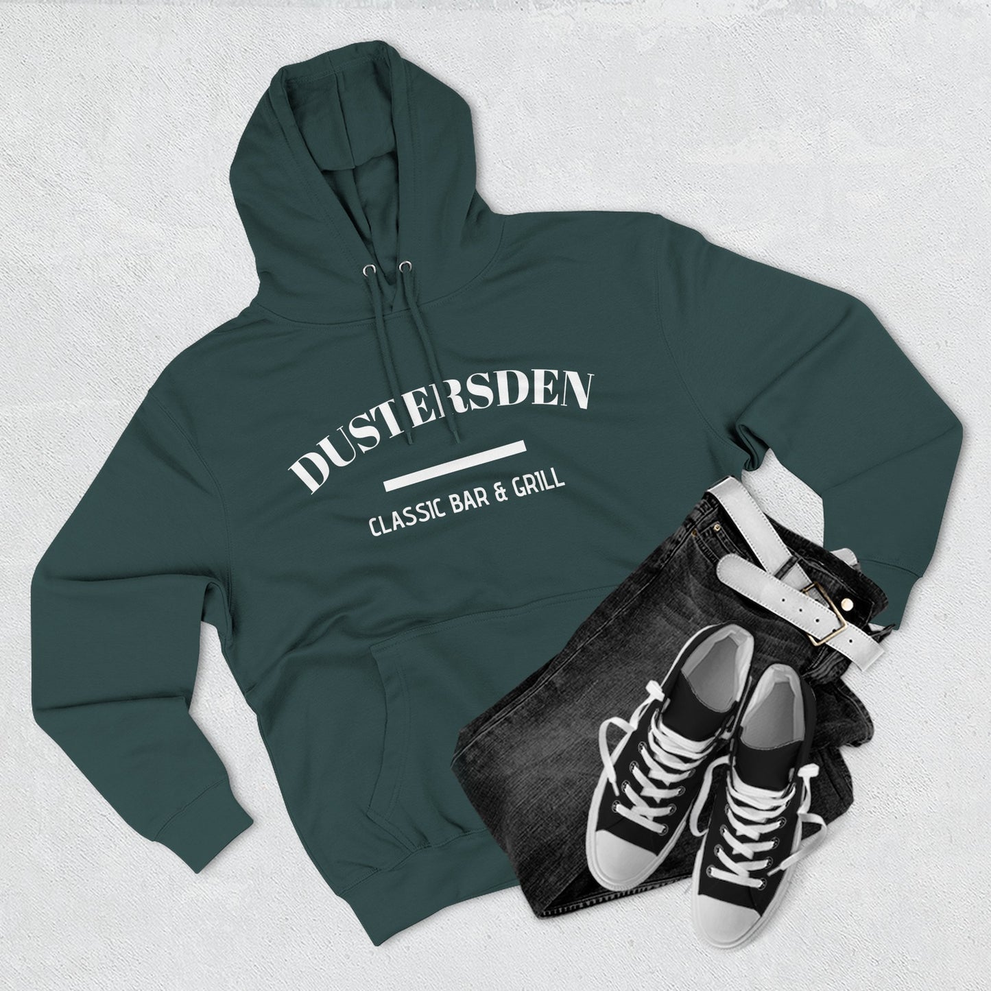 Dusty’s Den Classic Bar & Grill Hoodie — Vintage Pub Logo Fleece Hoodie