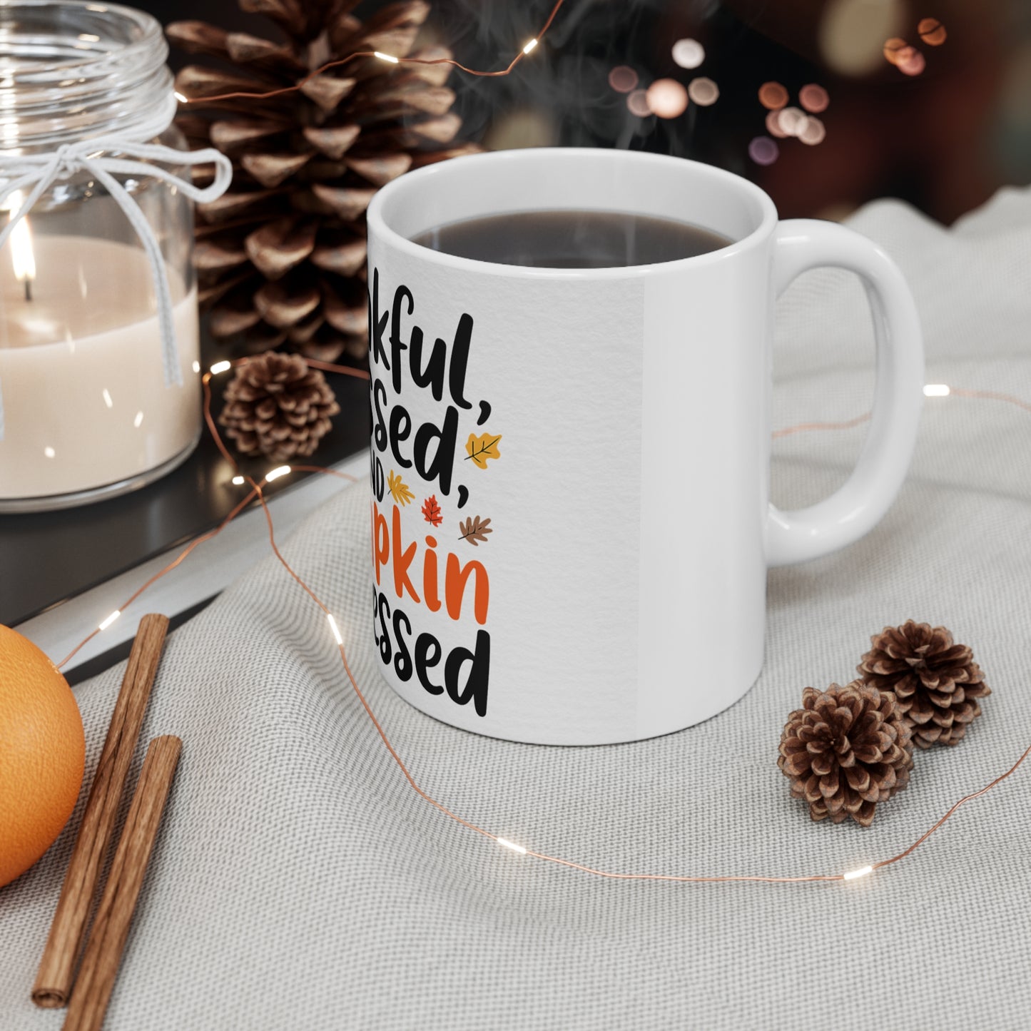 Festive Thanksgiving Ceramic Mug 11oz Thankful Blessed and Pumpkin Obsessed