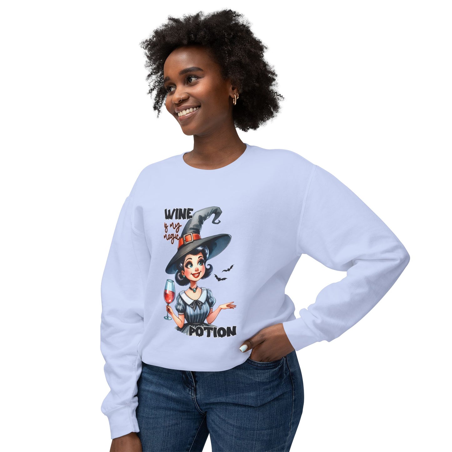 Halloween Themed Crewneck Sweatshirt Witches Drinking Wine With Goblins and Ghouls at Halloween Time