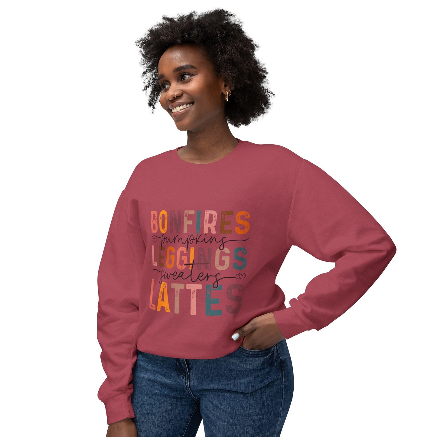 Women's Thanksgiving Unisex Lightweight Crewneck Sweatshirt Bonfires Blessings Lattes