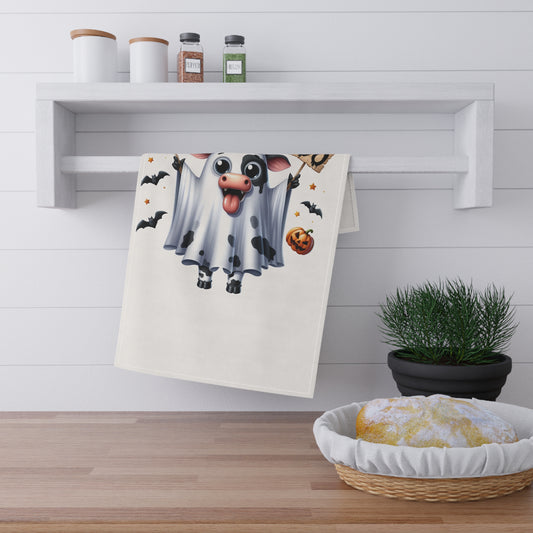 Festive Halloween Tea Towel (cotton, poly). Cows Like Halloween Too! Trick or Treat Smell My Feet Give Me Something Good To Eat!