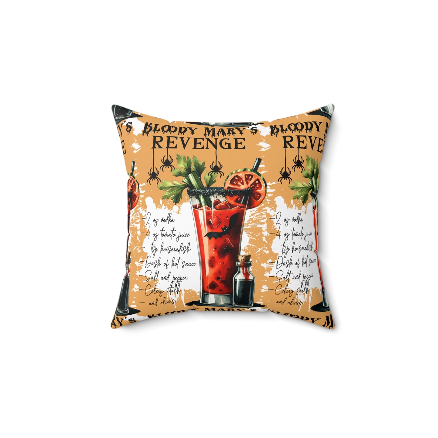 Halloween Themed Square Pillow All Over Print Design Bloody Mary Drink Recipe at Halloween.