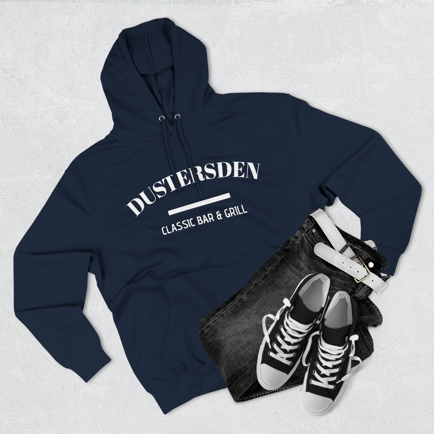 Dusty’s Den Classic Bar & Grill Hoodie — Vintage Pub Logo Fleece Hoodie
