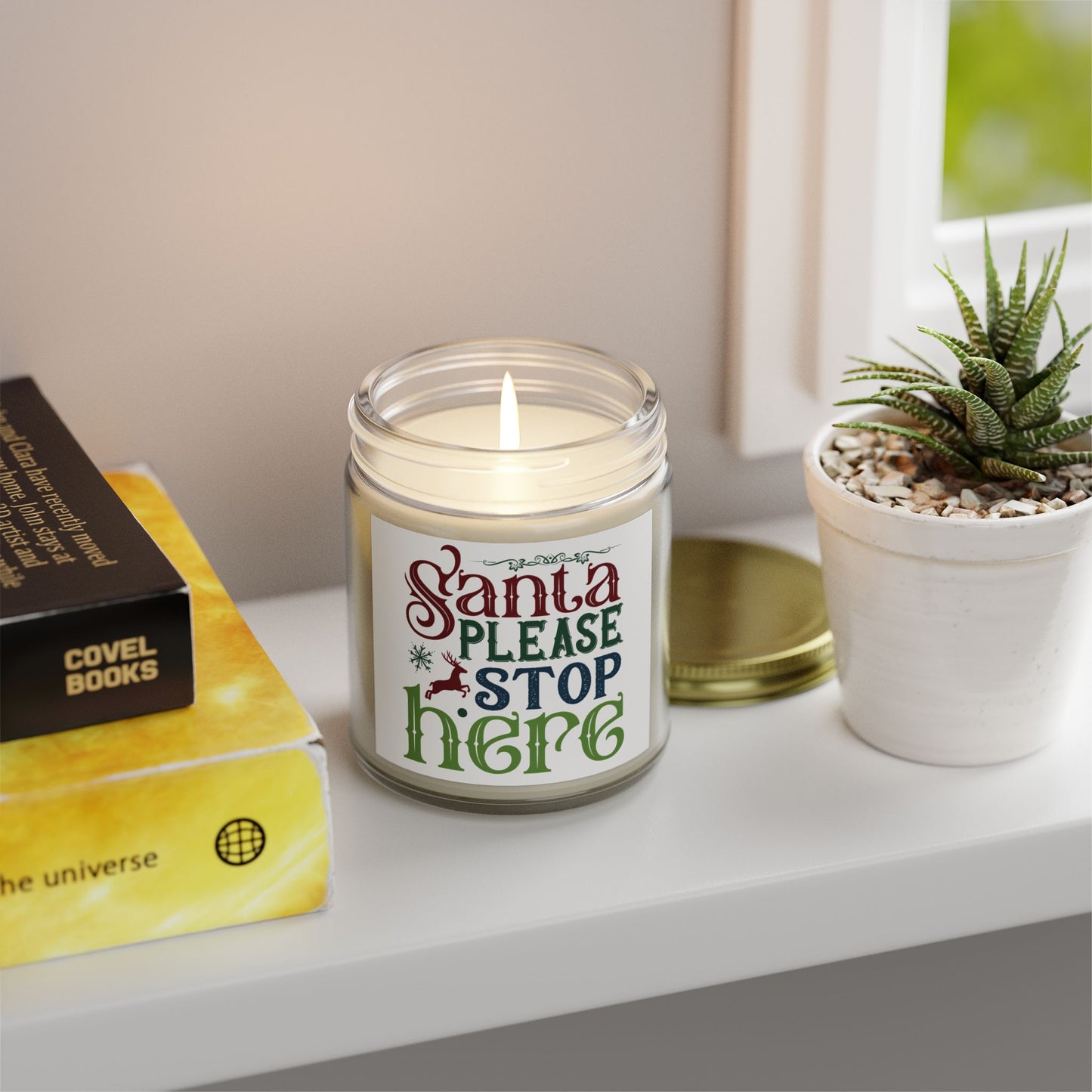 Christmas Themed Scented Coconut Apricot Candles (4oz, 9oz) Please Stop Here Santa!