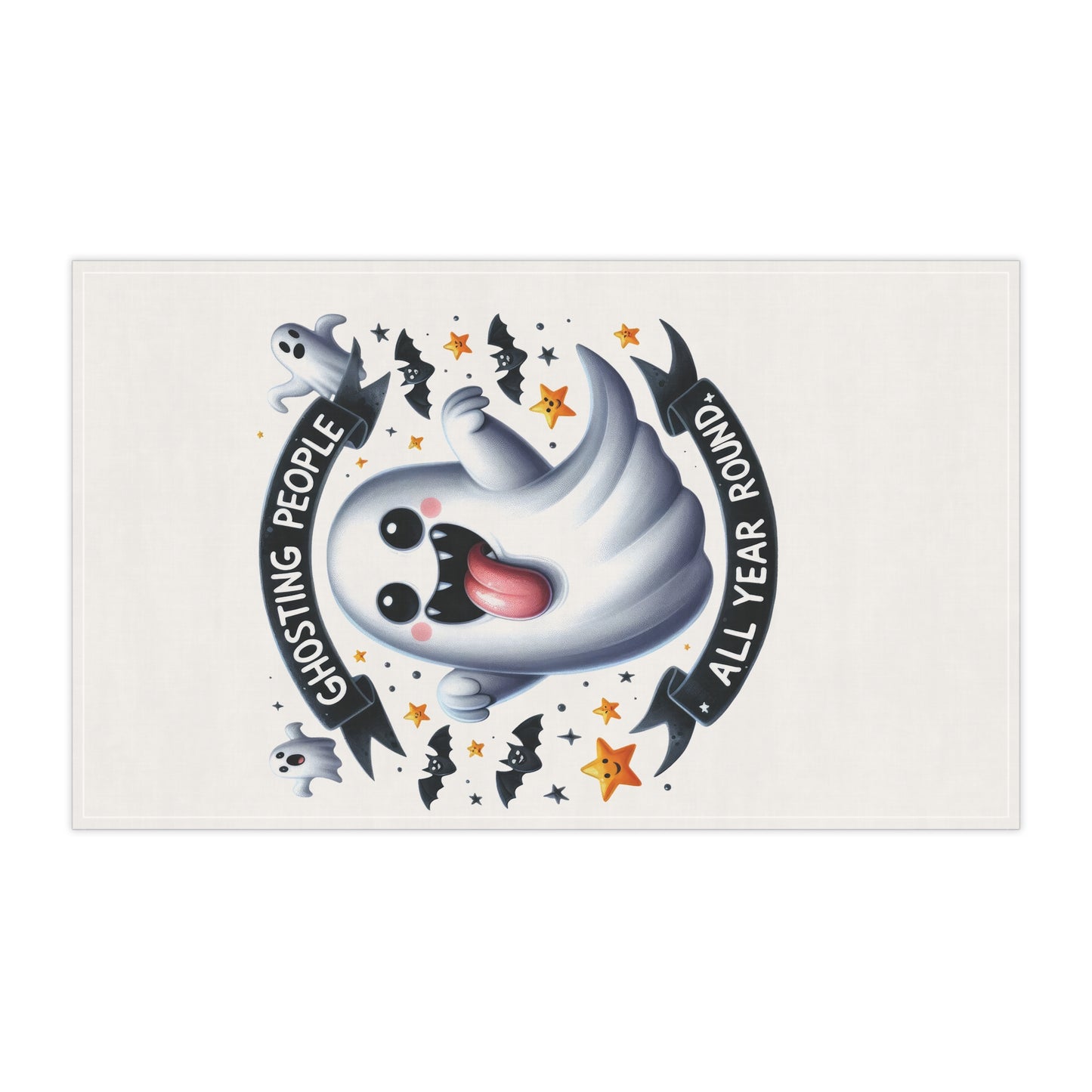 Festive Halloween Tea Towel (cotton, poly).Ghosting People All Year Round at Halloween Time. Happy Halloween!