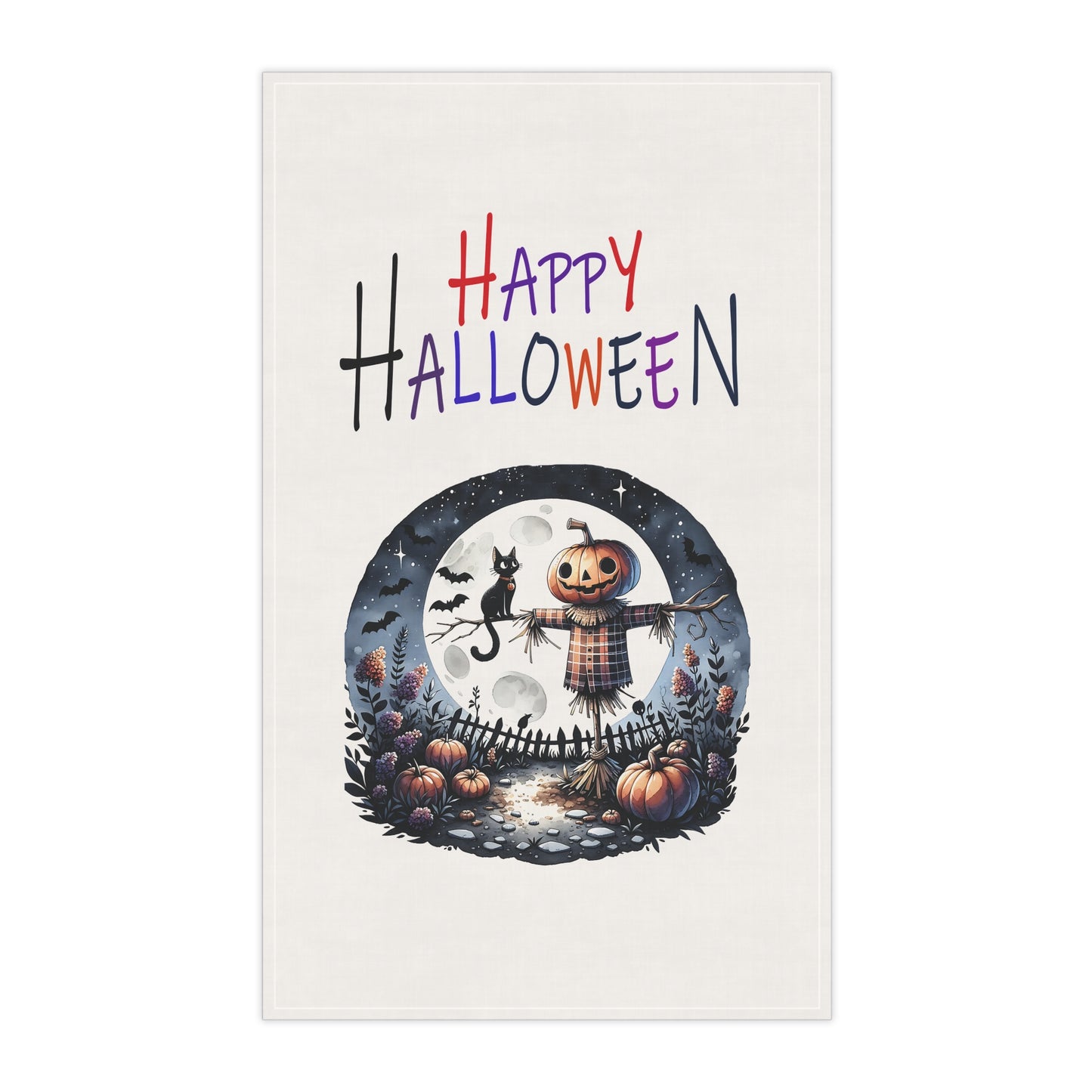 Festive Halloween Tea Towel (cotton, poly) Black Cats and Pumpkins at Halloween