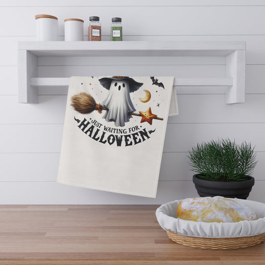 Festive Halloween Tea Towel (cotton, poly). Ghosts Just Waiting for Halloween. We Wish Everyone a Safe and Happy Halloween!