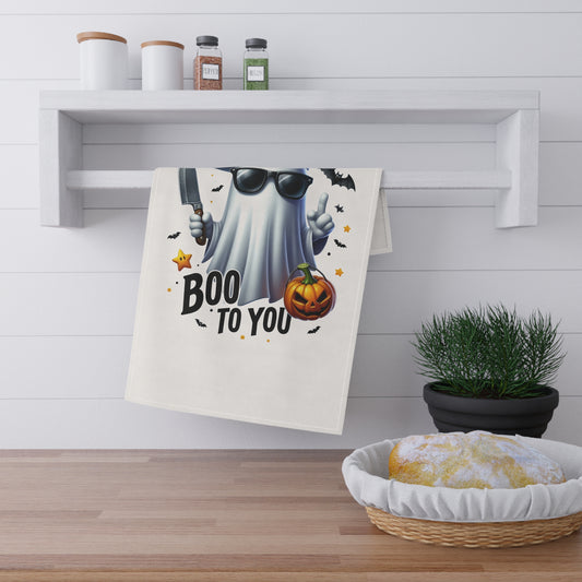 Festive Halloween Tea Towel (cotton, poly) Menacing Ghost With a Knife. Boo To You! Happy Halloween Everyone!