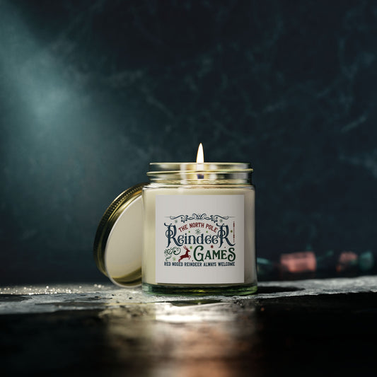 Christmas Themed Scented Candles, Coconut Apricot Wax (4oz, 9oz) Reindeer Games