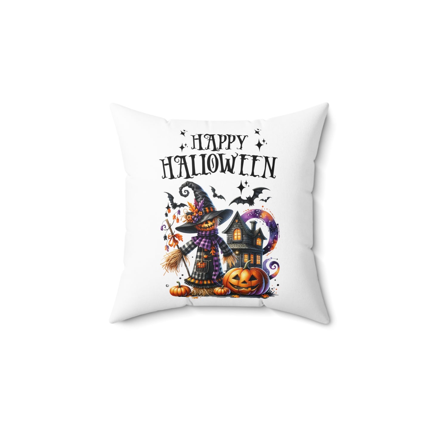 Festive Halloween Pillow Happy Halloween Witches and Scarecrows.