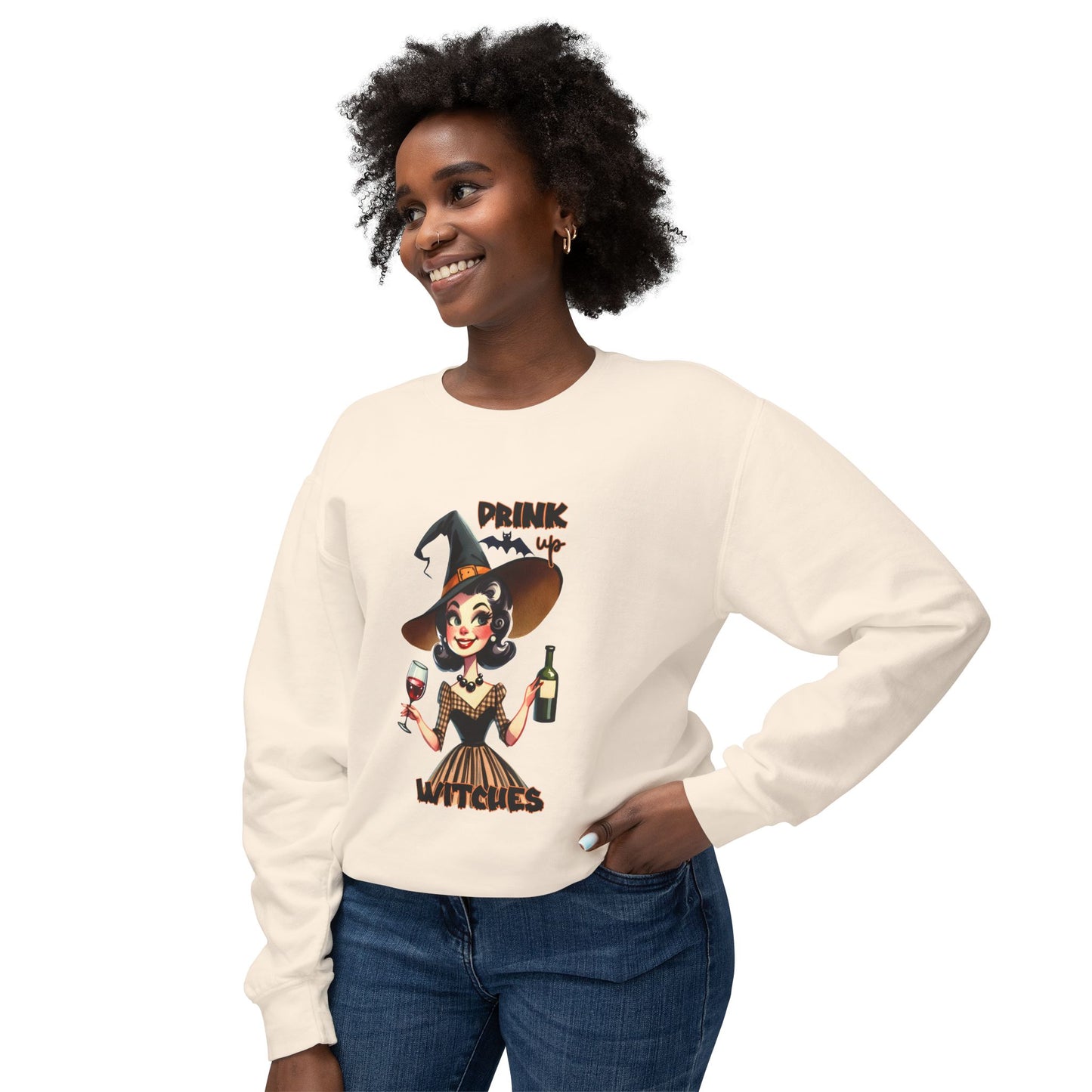 Halloween Themed  Crewneck Sweatshirt Witches and Wine Are Fine at The Halloween Time. Have a Witchy Halloween