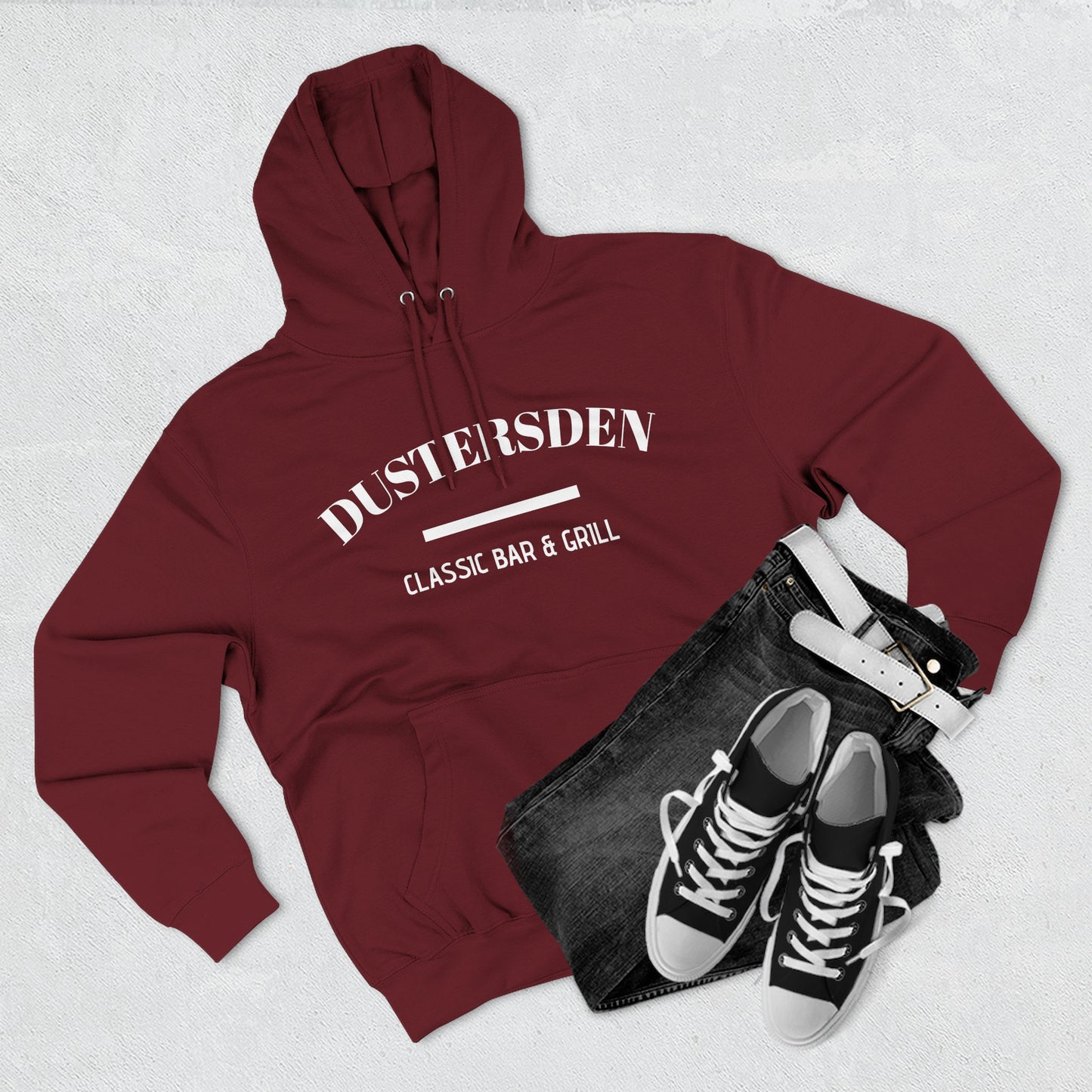 Dusty’s Den Classic Bar & Grill Hoodie — Vintage Pub Logo Fleece Hoodie