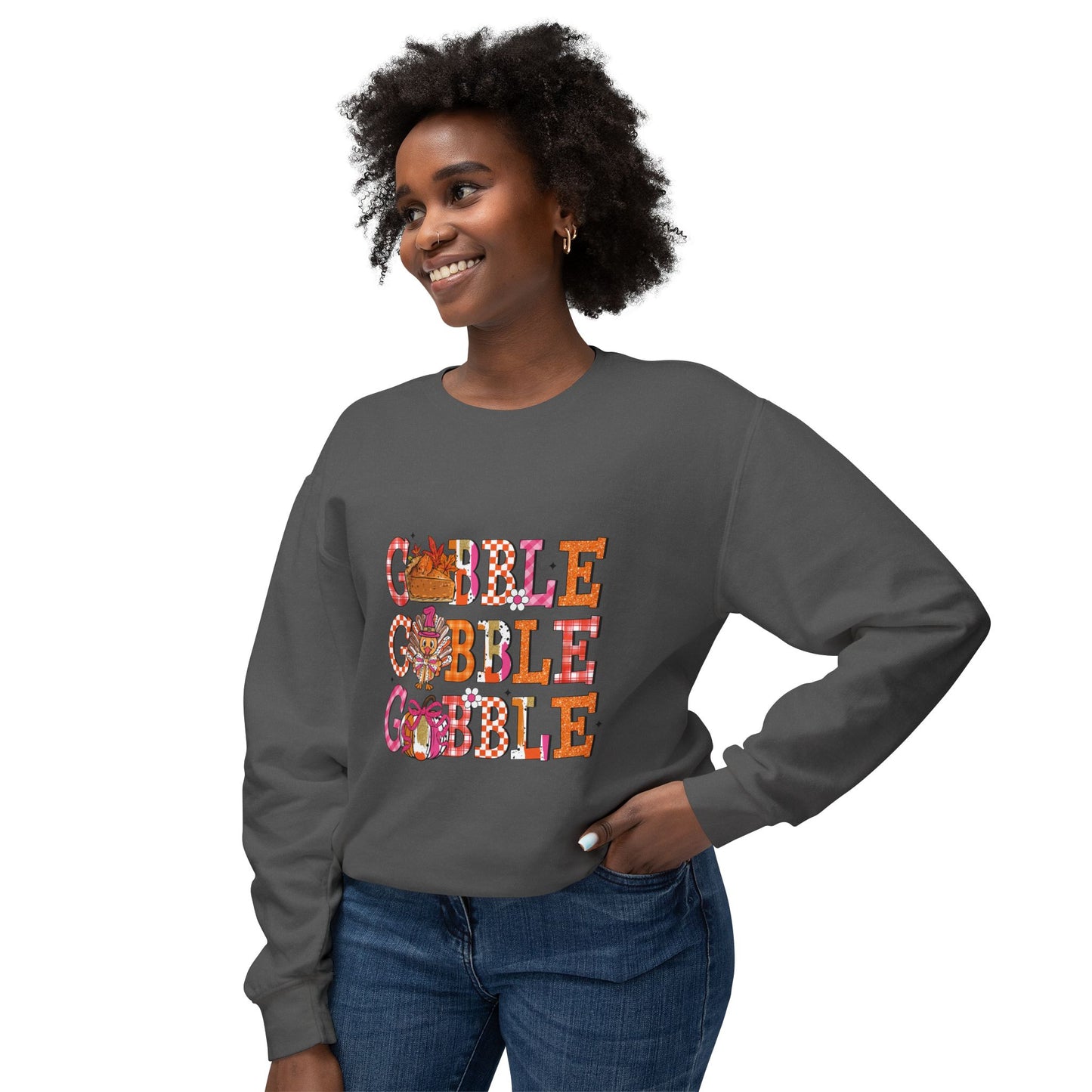 Women's Thanksgiving Unisex Lightweight Crewneck Sweatshirt Turkeys Go Gobble Gobble Gobble