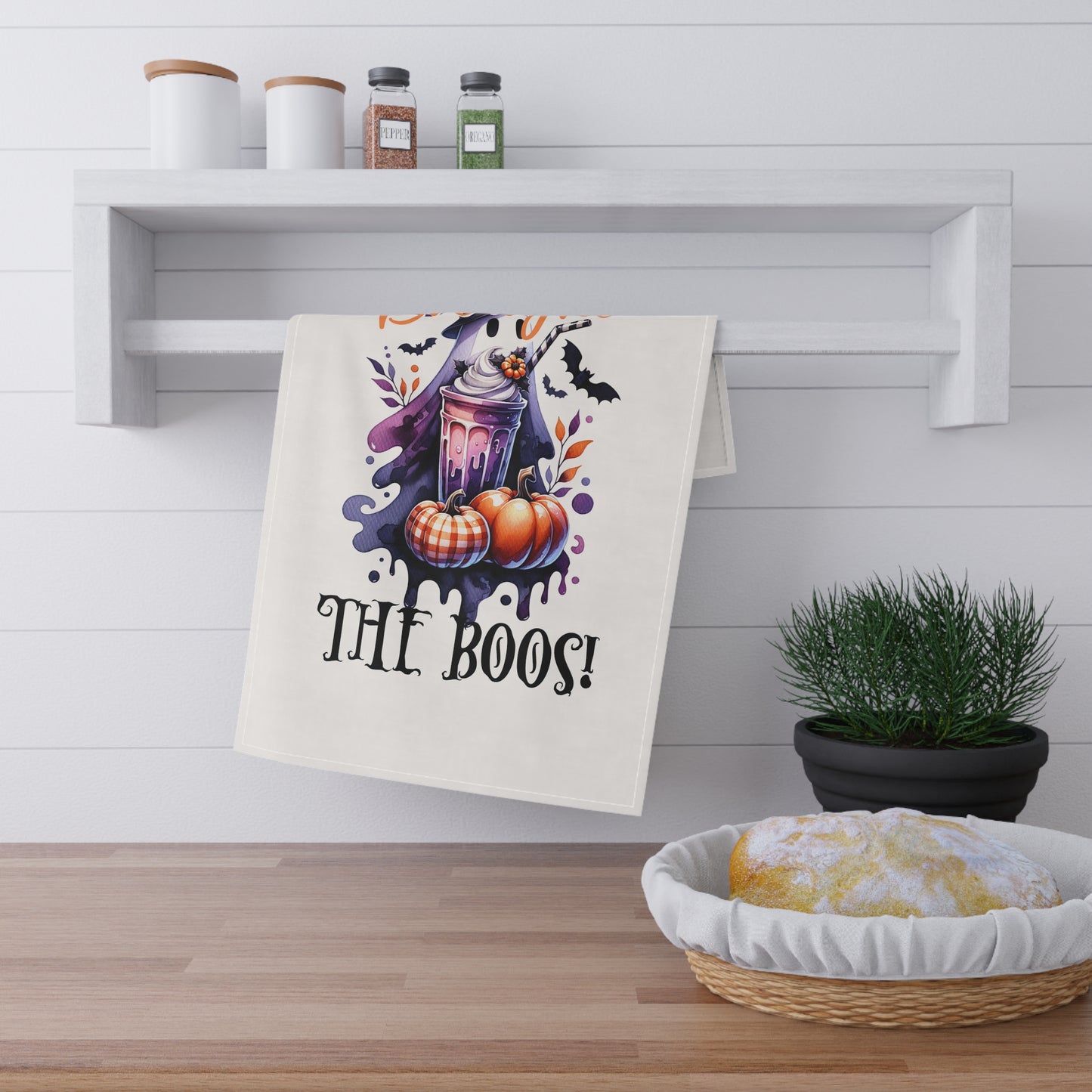 Festive Halloween Tea Towel (cotton, poly) Ghosts Hoping You Brought The Boos to The Halloween Party