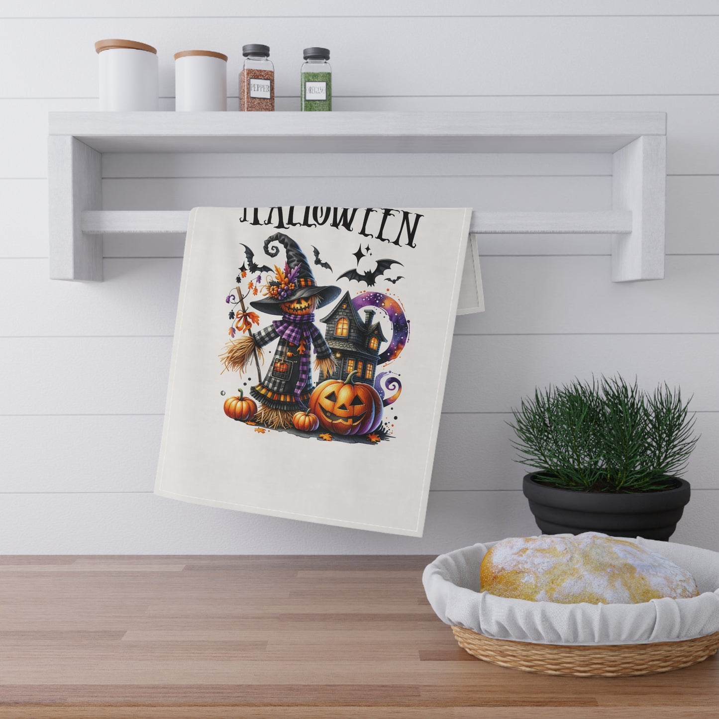 Festive Halloween Tea Towel (cotton, poly) Witches at Halloween