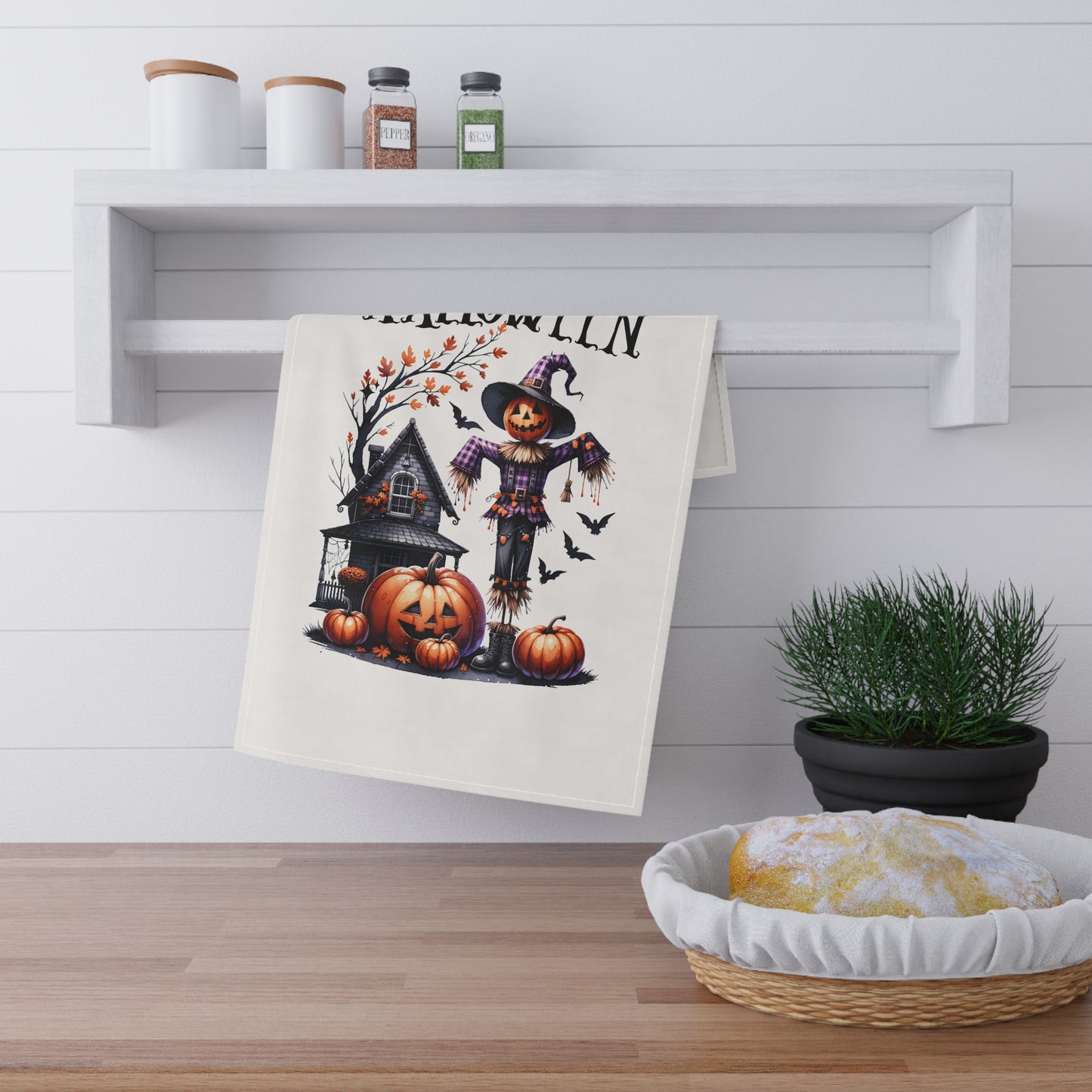 Festive Halloween Tea Towel (cotton, poly) Happy Halloween Scarecrow Pillow