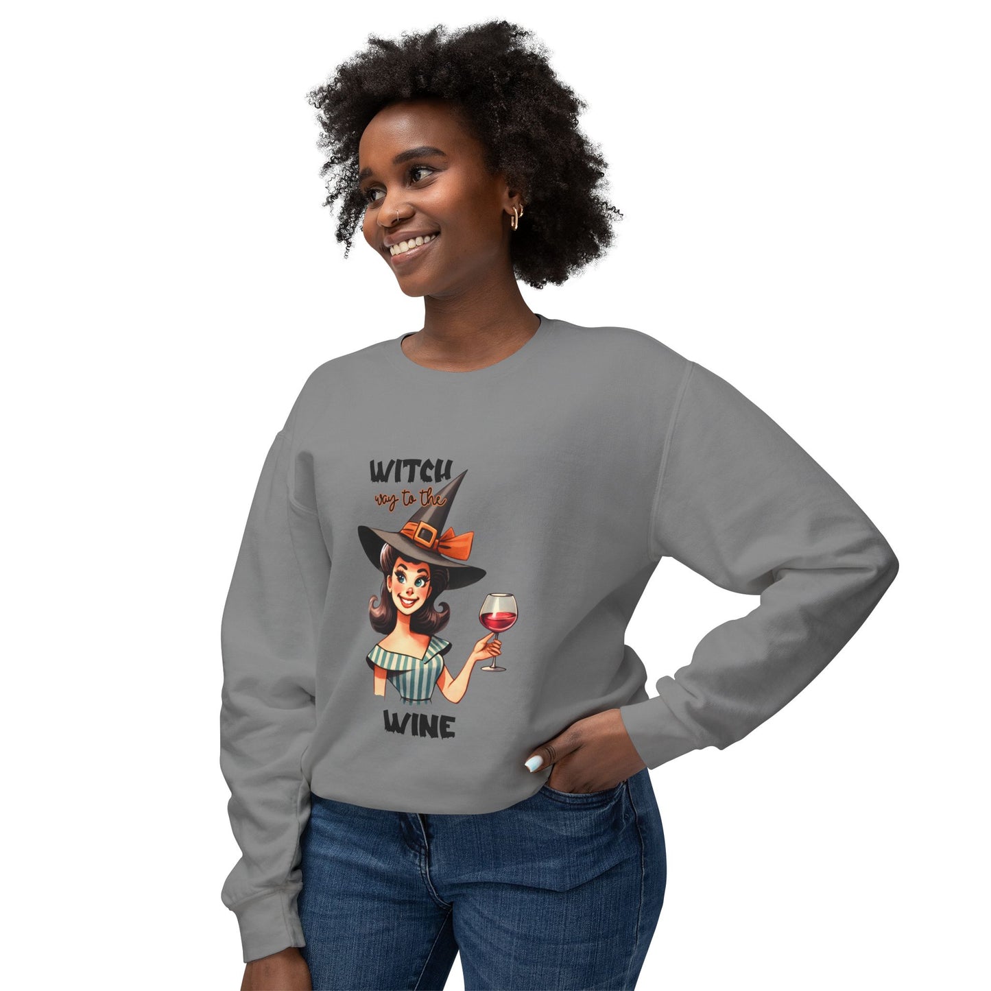 Halloween Themed Crewneck Sweatshirt Witches Prefer Drinking Wine at Halloween