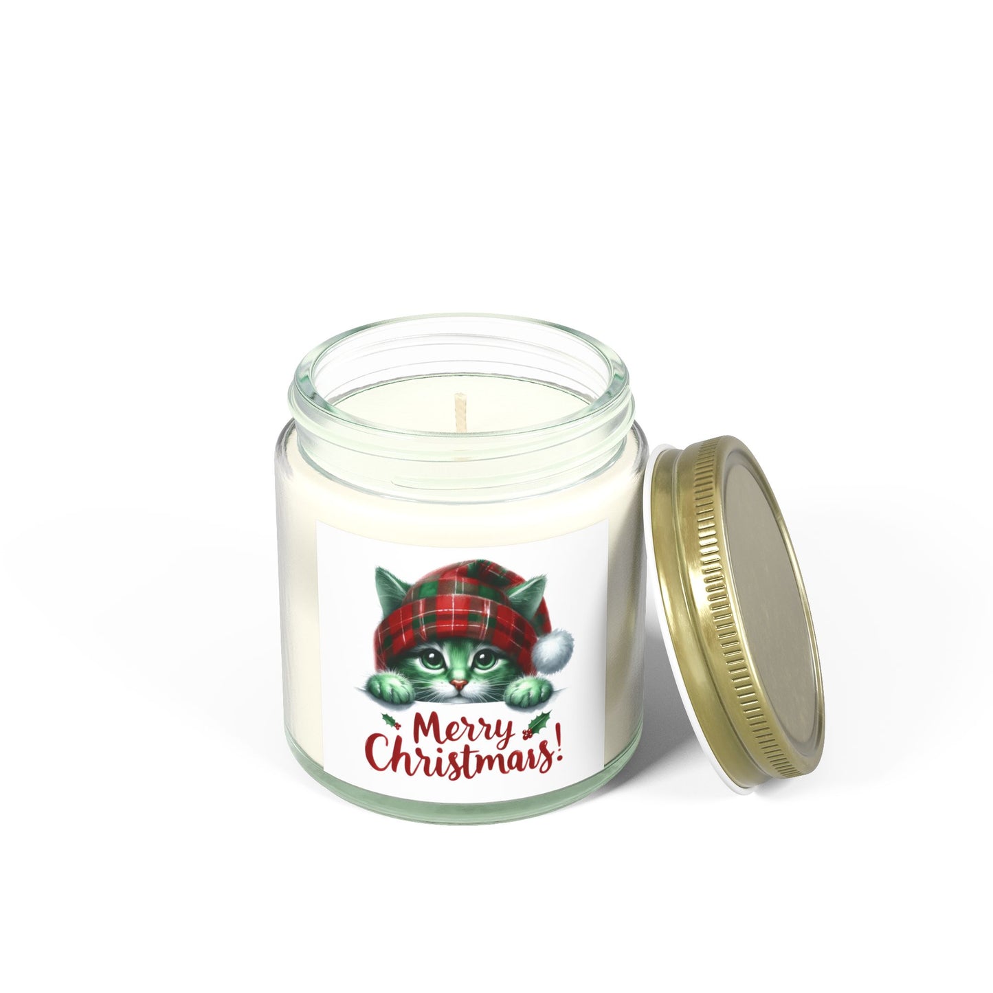 Christmas Themed Scented Candles, Coconut Apricot Wax (4oz, 9oz) Cats and Merry Christmas