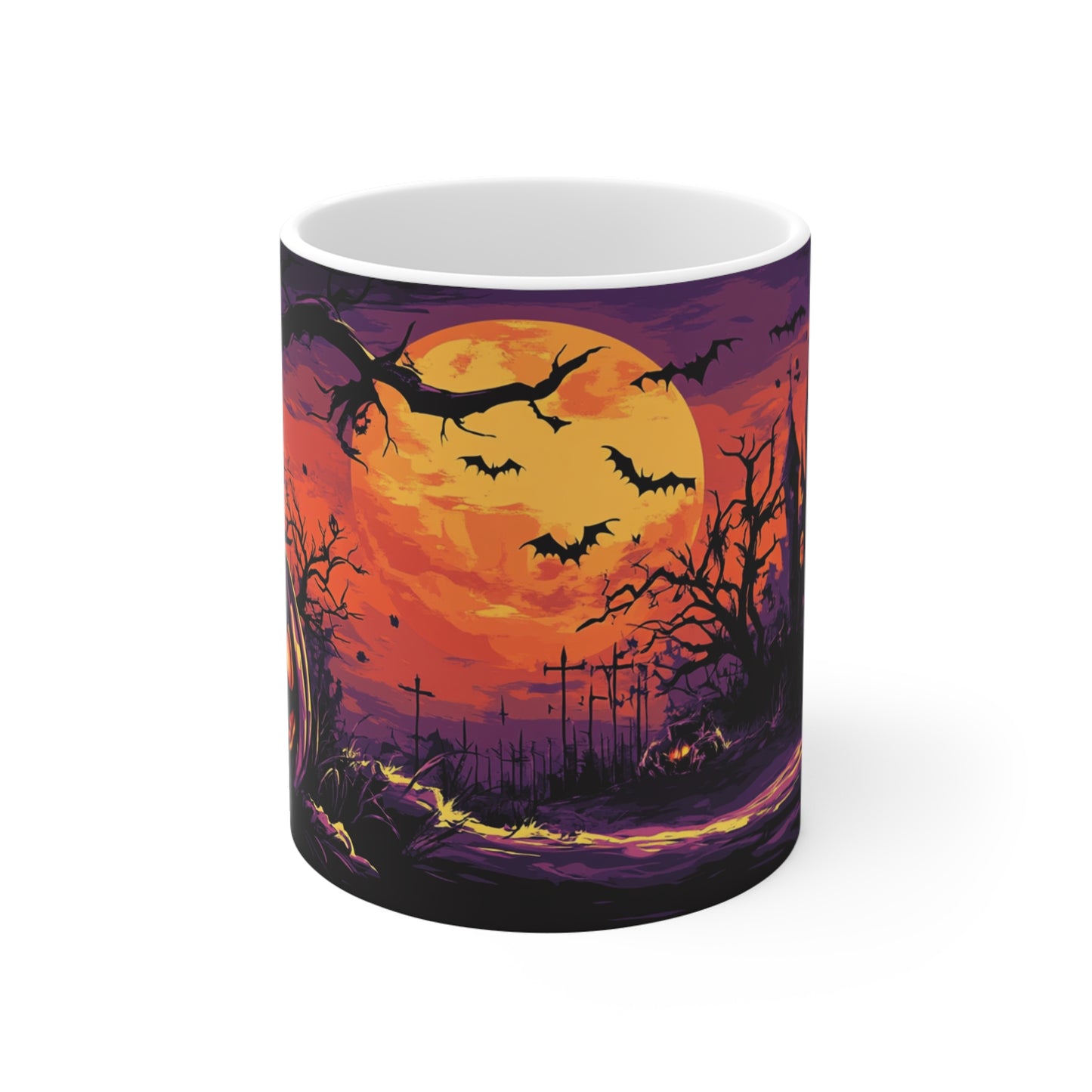 Festive Halloween Ceramic Mug 11oz Scary Pumpkins and Bats