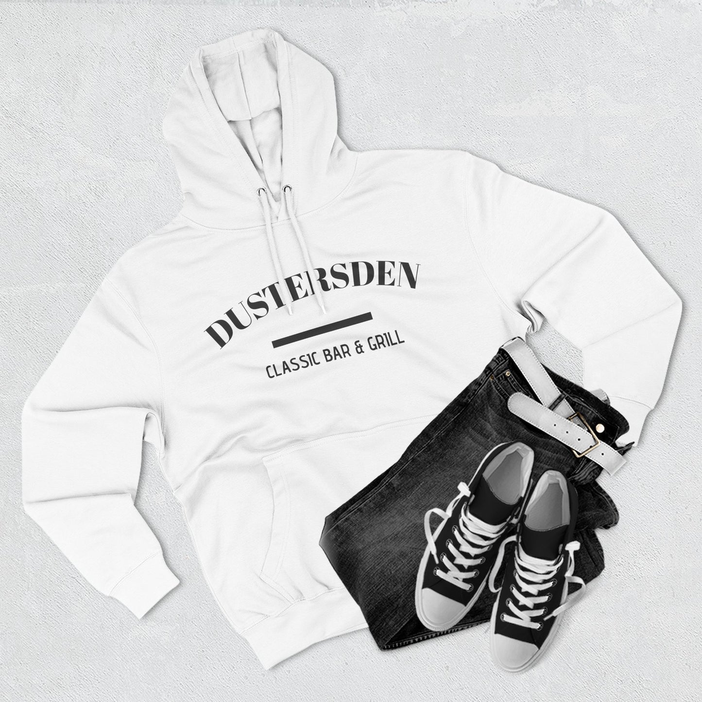 Dusty’s Den Classic Bar & Grill Hoodie — Vintage Pub Logo Fleece Hoodie