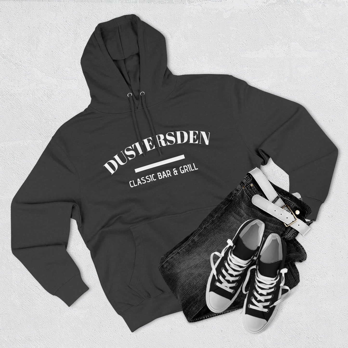 Dusty’s Den Classic Bar & Grill Hoodie — Vintage Pub Logo Fleece Hoodie
