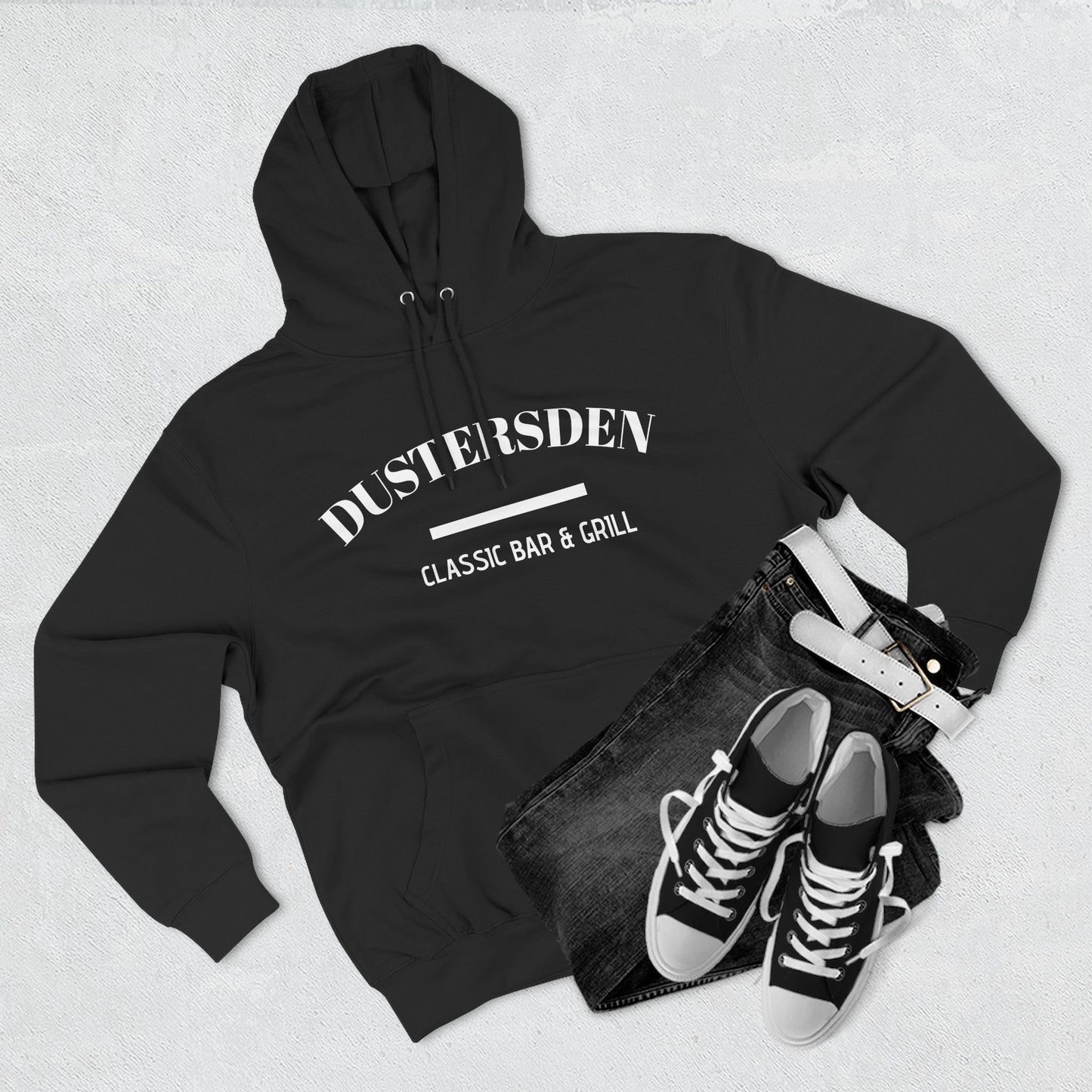 Dusty’s Den Classic Bar & Grill Hoodie — Vintage Pub Logo Fleece Hoodie