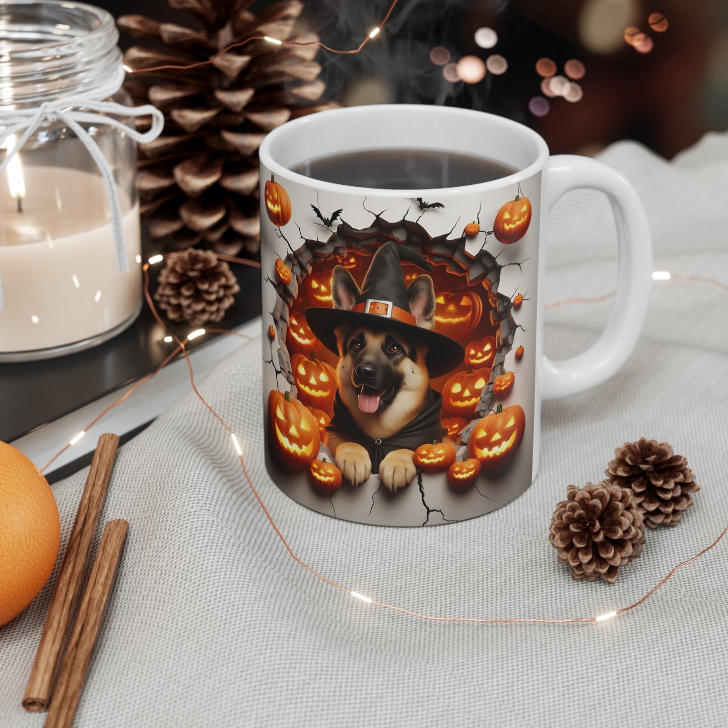 Festive Halloween Ceramic Mug 11oz German Shepards and Creepy Pumpkins