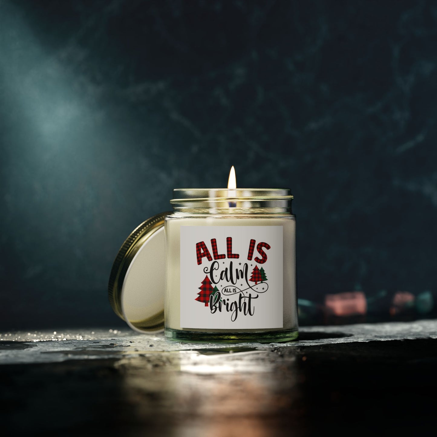 Christmas Themed Scented Candles, Coconut Apricot Wax (4oz, 9oz) All is Calm All is Bright