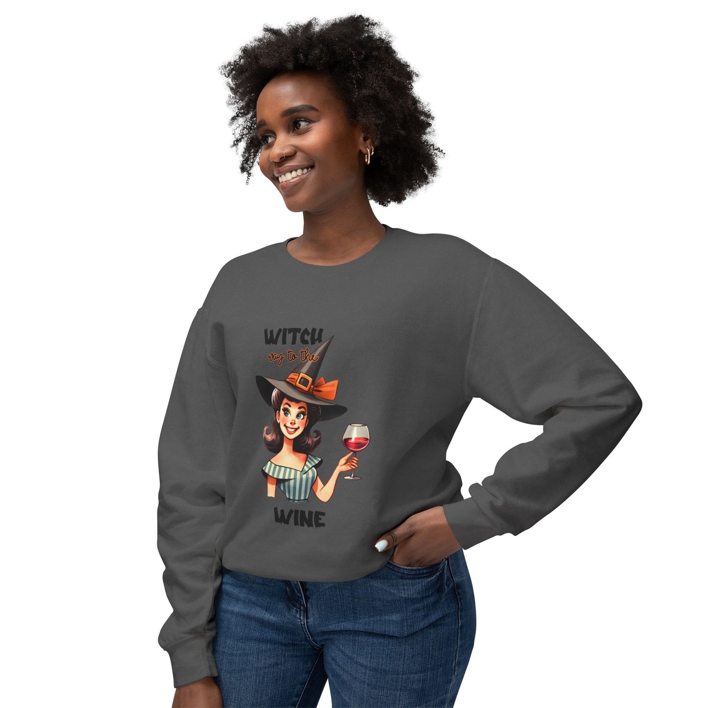 Halloween Themed Crewneck Sweatshirt Witches Prefer Drinking Wine at Halloween