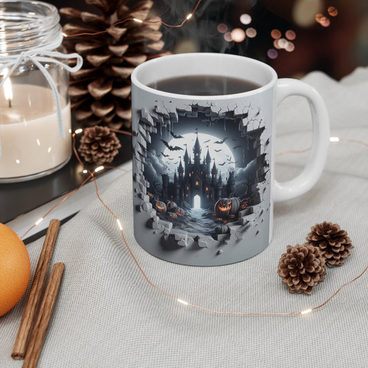 Festive Halloween Ceramic Mug 11oz Bats Pumpkins and Castles Make Halloween Spooky