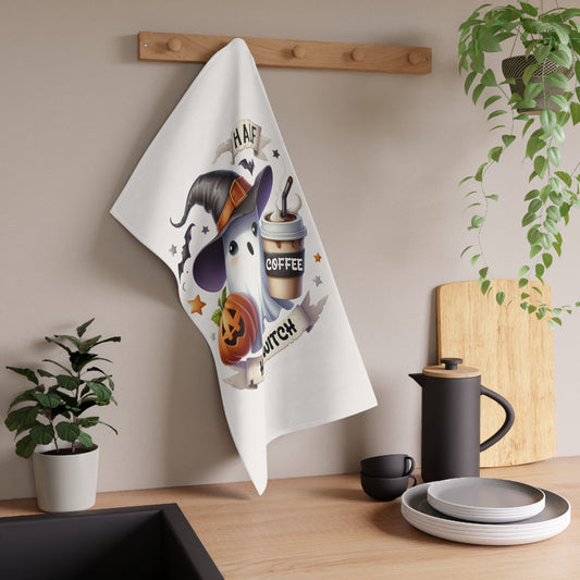 Festive Halloween Tea Towel (cotton, poly). Coffee and the Half Witch. Have a Happy Halloween!