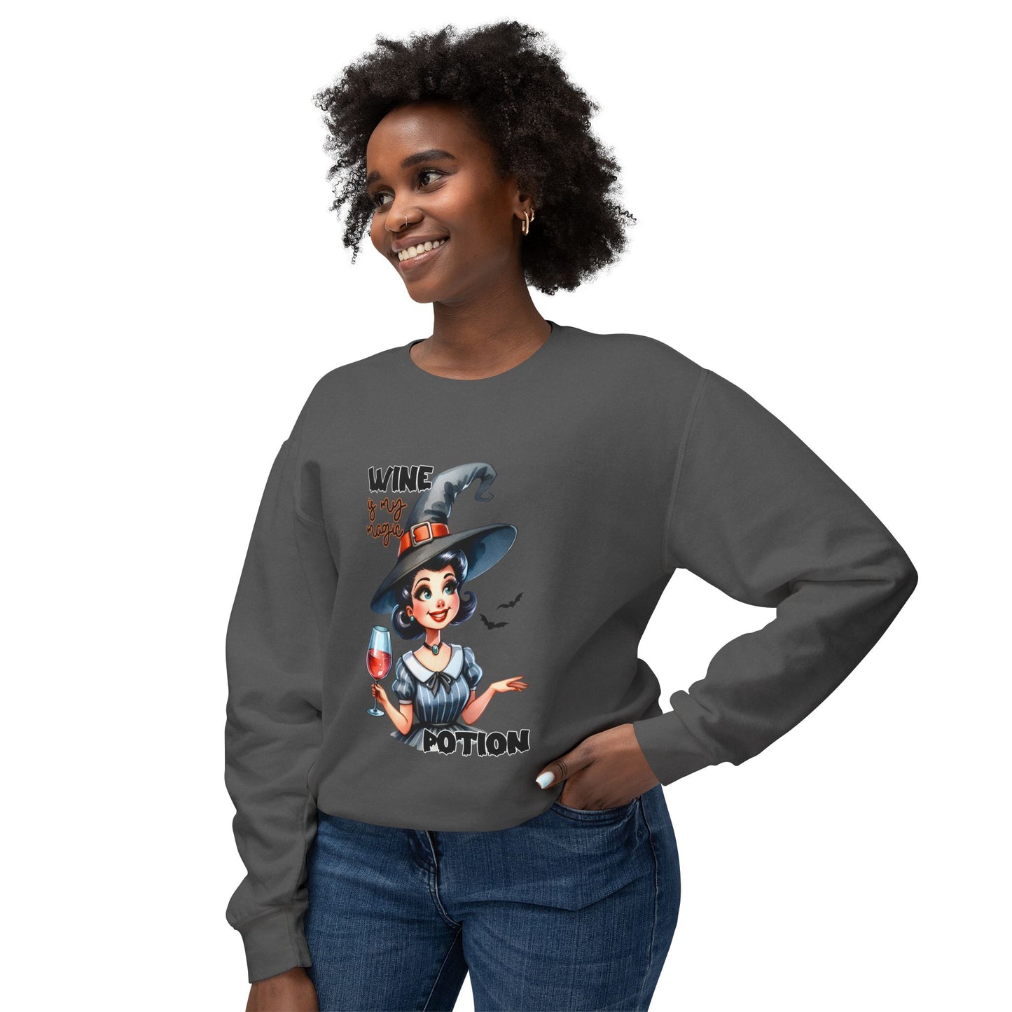 Halloween Themed Crewneck Sweatshirt Witches Drinking Wine With Goblins and Ghouls at Halloween Time