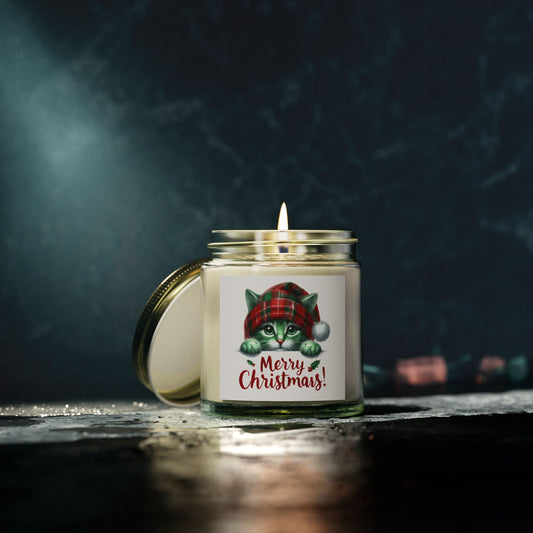 Christmas Themed Scented Candles, Coconut Apricot Wax (4oz, 9oz) Cats and Merry Christmas