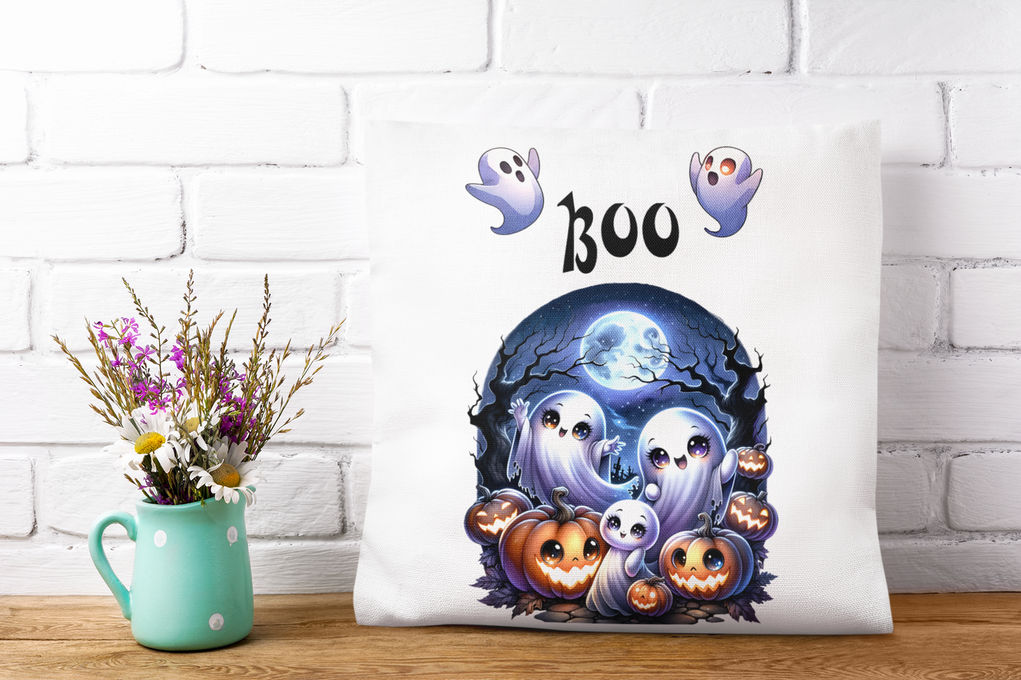 Festive Halloween Pillow Two Ghosts Saying BOO!