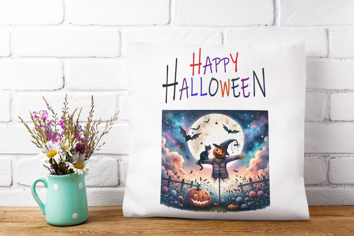 Festive Halloween Pillow Happy Halloween Everyone Scarecrows and Bats Are Scary