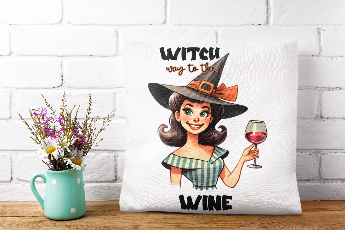 Festive Halloween Pillow In The Witching Hour Witches Drink Wine. Have a Safe Halloween Everyone.